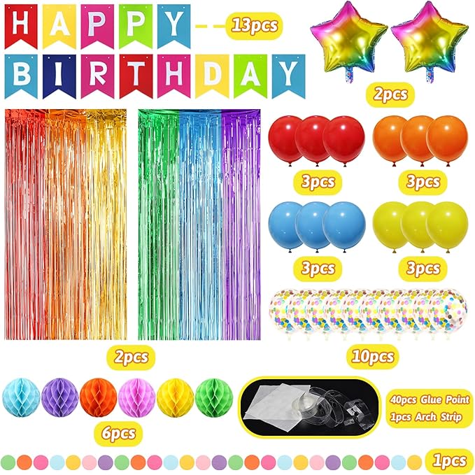 ZERODECO Rainbow Birthday Decorations, Multicoloured Fringe Backdrop Happy Birthday Banner Honeycomb Balls Pompoms Foil Balloons for Kid Baby Boy Girl Colorful Party Decorations
