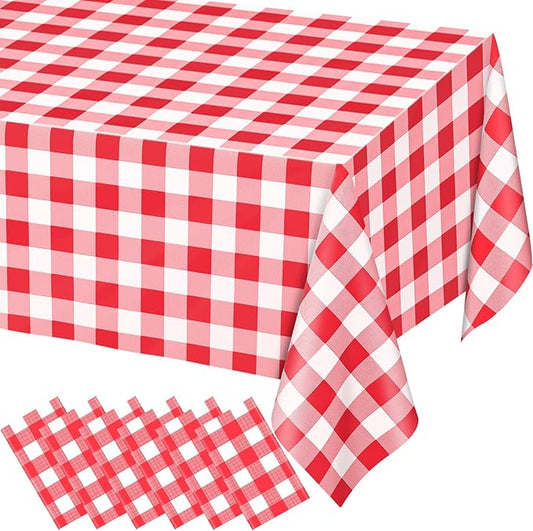 WNINK 6 Pack Red Gingham Tablecloth Rectangular Red and White Checkered Tablecloths Disposable Plastic Red Plaid Table Cover for Parties, Christmas, Outdoor Picnic, Birthday, Wedding, Camping 54 × 108