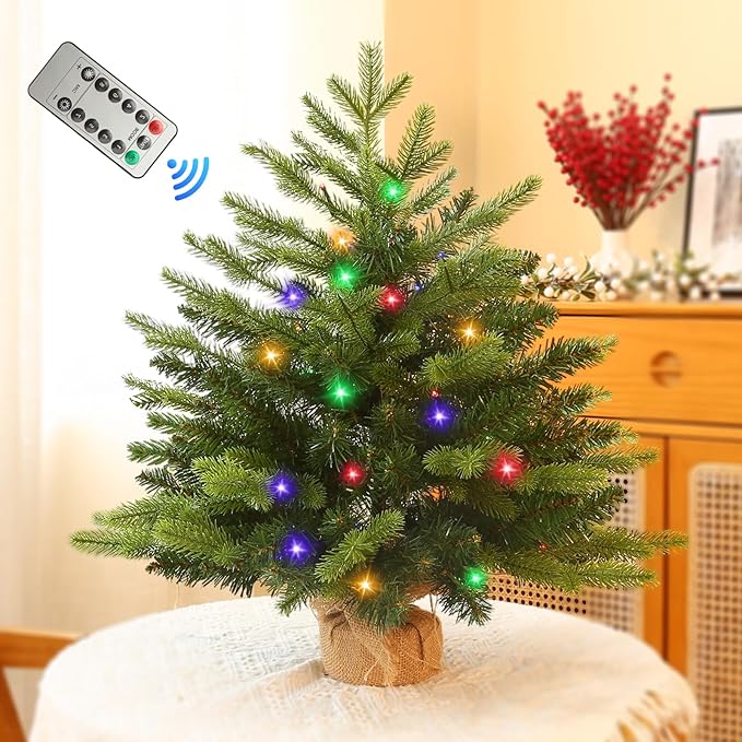 Joyhalo 2ft Small Christmas Tree with Lights Multicolor and Warm White, Pre Lit Table Top Christmas Tree with Remote, 107 Branches Mini Xmas Tree for Room Office Classroom Decoration