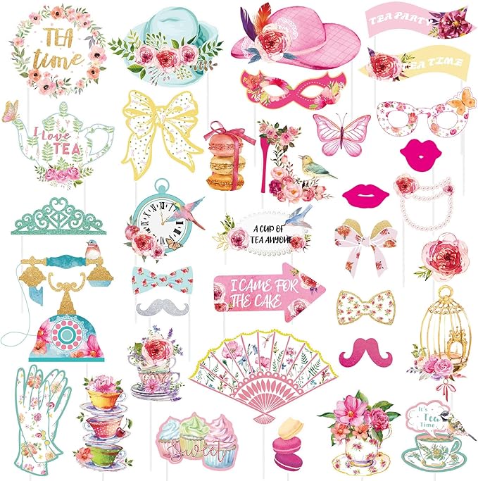 SUNBEAUTY 36 Pcs Tea Party Photo Booth Props - Pink, White, Green - Floral Pattern - Paper Material - Perfect for Parties