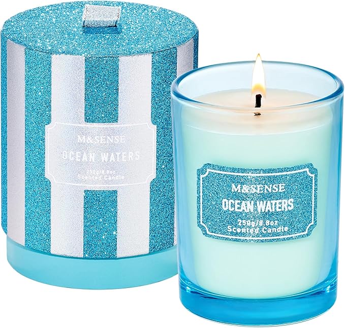 M&SENSE Ocean Water Scented Candles, Classic Size 8.8 oz Glitter Jar Candles, Holiday Candles Gifts for Women, Strong Scented Natural Soy Candle for Winter Home Decor, 50 Hours Long Burning