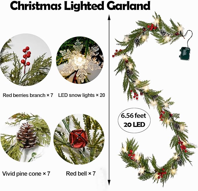 Christmas Garland Lights 6.56FT 20 Snow LED Pine Garland with Lights Battery Operated with Bells Red Berries Pinecones Cypress Greenery Garlands Decoration for Xmas Tree Mantle Door Stairs Home Decor