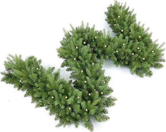 9FT Pre-Lit Artificial Christmas Garland with 50 White Light, Pulg in, Holiday Decorations Garland, Mantle for Indoor Holiday Door Home Decorations Stairs Fireplaces Wall