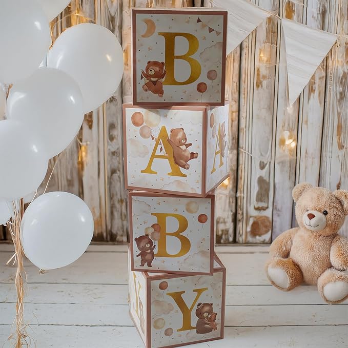 Kate Aspen We Can Bearly Wait Baby Shower Decorations, Baby Boxes with Letters for Baby Shower, Gender Reveal Decor Photo Prop & Forest Animal Nursery Decor (Set of 4 Blocks Spells B-A-B-Y)