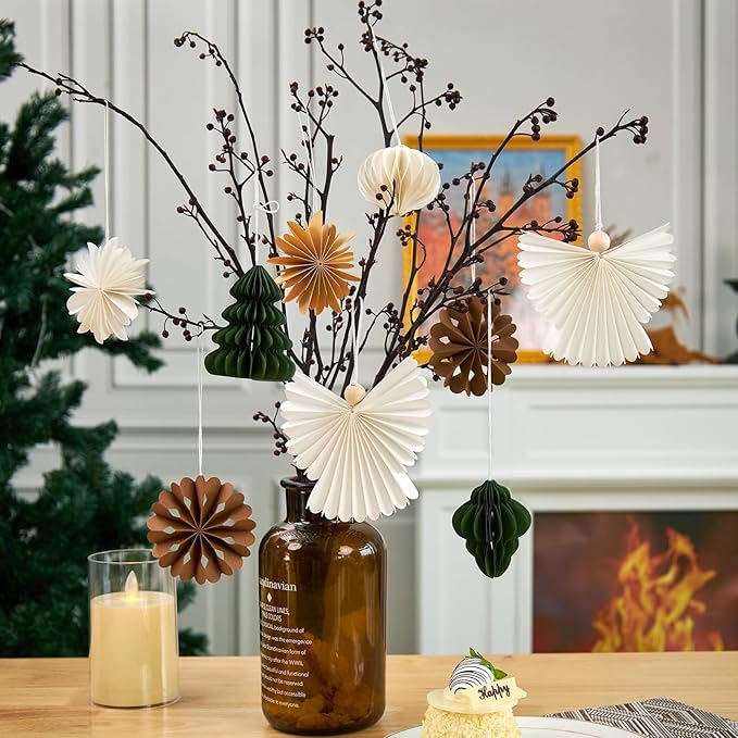 9 Pcs Mini Paper Christmas Hanging Ornaments, Handcrafted with Carstock, White, Sage Green and Brown Decorative Paper Christmas Tree Ornament, for Xmas Holiday Party Home Tree Decor
