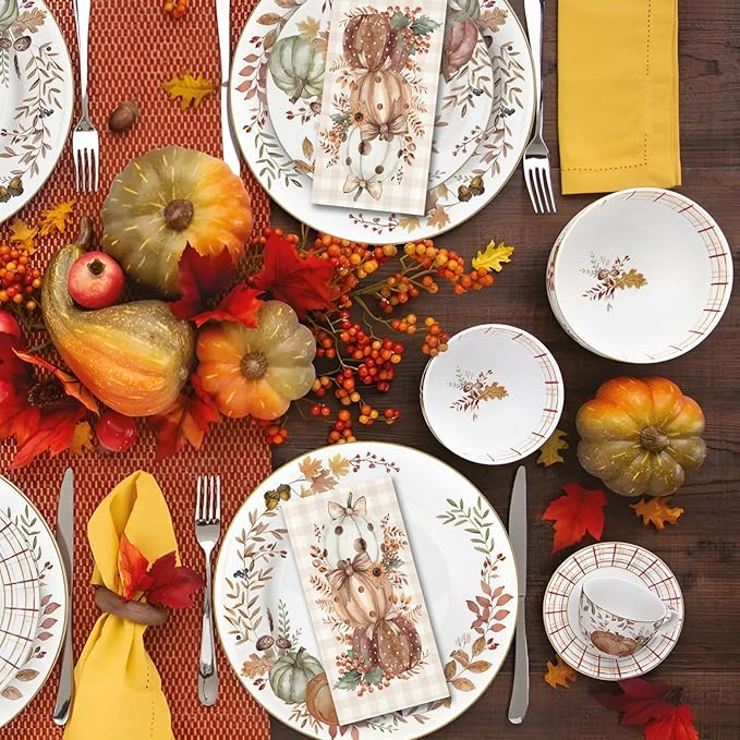 100 Pcs Thanksgiving Napkins Disposable Fall Paper Napkins for Autumn Harvest Brown Pumpkins and Buffalo Plaid Paper Hand Towels for Bathroom Kitchen Halloween Party