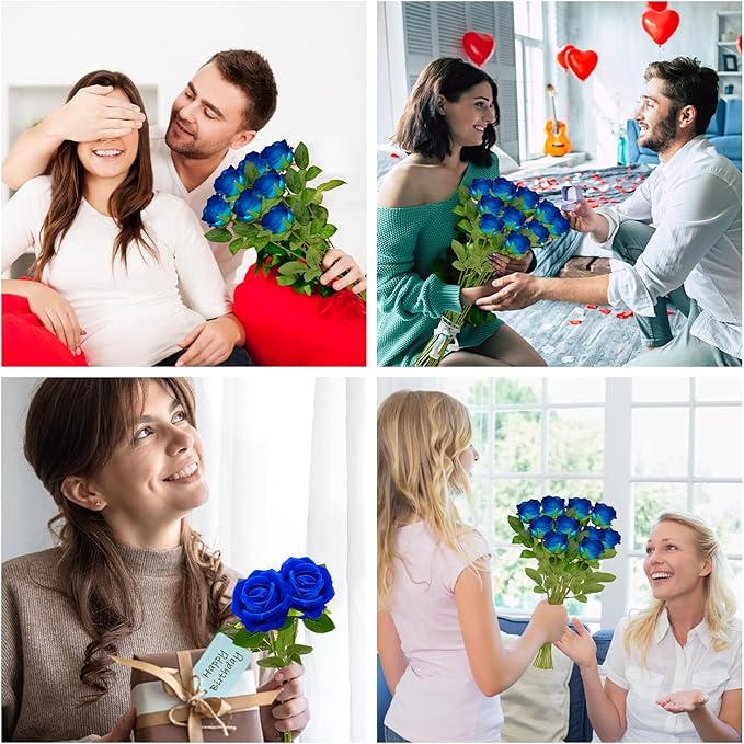 Bulk Artificial Flowers 100 PCS, Fake Velvet Silk Blue Roses with Long Stems Realistic Bouquet for Wedding Centerpieces, Faux Arrangement for Home Table Decor