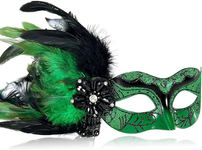 2025 New Green Masquerade Masks for Women with Feathers - Mardi Gras Masks for Women - Mascarade Venetian Mask for Masquerade Party, Halloween Cosplay Prom, Christmas,Birthday