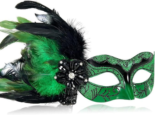 2025 New Green Masquerade Masks for Women with Feathers - Mardi Gras Masks for Women - Mascarade Venetian Mask for Masquerade Party, Halloween Cosplay Prom, Christmas,Birthday