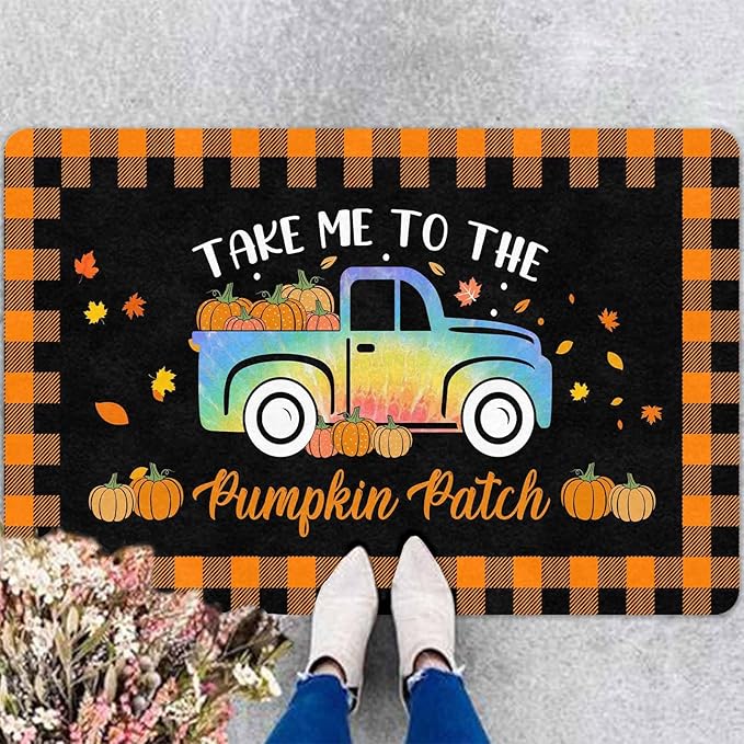 Thanksgiving Door Mat Fall Welcome Mat for Front Door, Autumn Pumpkins with Truck Buffalo Plaid Seasonal Non Slip Doormat for Entrance Entryway Outside Thanksgiving Farmhouse Decor, 30"x18"inch