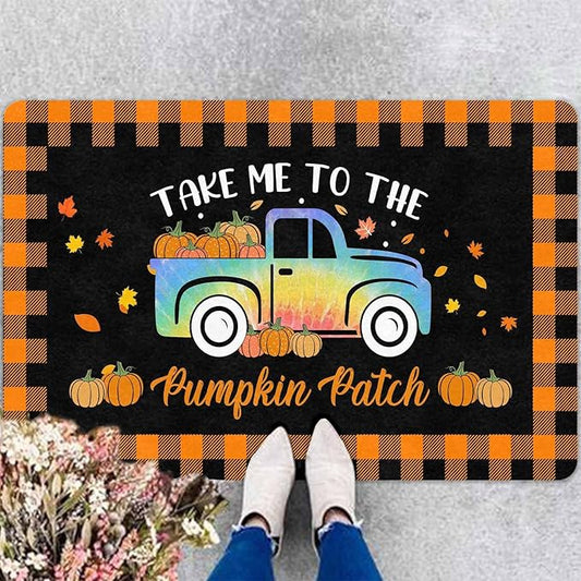 Thanksgiving Door Mat Fall Welcome Mat for Front Door, Autumn Pumpkins with Truck Buffalo Plaid Seasonal Non Slip Doormat for Entrance Entryway Outside Thanksgiving Farmhouse Decor, 30"x18"inch