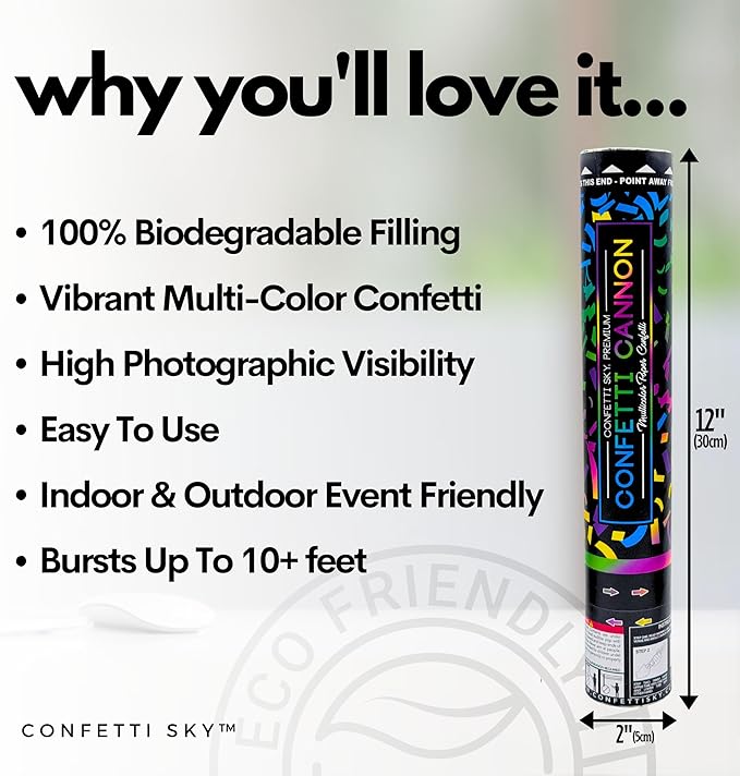 Confetti Sky [6 Pack] 12 Inch Confetti Cannons | Multicolor Confetti Poppers for Wedding Celebration, Birthday Party, Pranks, Graduation, Christmas Eve and New Year Celebration