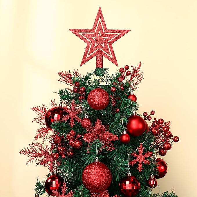 Sratte 94 Pcs Christmas Tree Decorations Set, Christmas Tree Ball Ornaments Glitter Poinsettia Flowers Decorations Glitter Berries Stems for Xmas Holiday Wedding(Red)