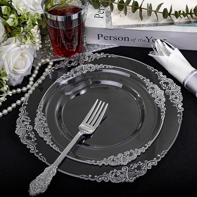 Morejoy 350PCS Clear Silver Plastic Plates - Silver Disposable Plates sets Include 50 Dinner Plates,50 Salad Plates,50 Forks,50 Knives, 50 Spoons，50 Cups, 50 Rolled Napkins for Wedding & Party