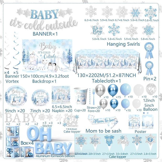 Baby Its Cold Outside Baby Shower Decorations,Pink Winter Wonderland Baby Shower Decorations Plates Napkins Cup Backdrop Banner Swirls Tablecloth Balloons Box for Boy Winter baby Shower Decorations