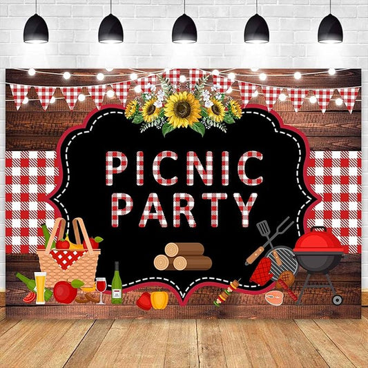 Sensfun Picnic Party Backdrop Wooden Gingham Red White BBQ Birthday Baby Shower Photography Background Sunflower Summer Outdoor Barbecue Party Decorations Banner Photo Booth Props 7x5ft