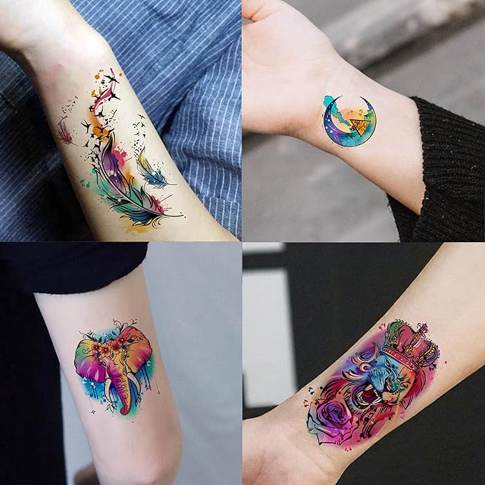 60 Sheets 3D Watercolor Temporary Tattoos For Women Men Adults, Groovy Realistic Blue Eagle Dragon Fake Tattoo Stickers Body Arm, Wolf Tiger Lion Skull Moon Colorful Fake Tattoo Halloween Snake Anchor