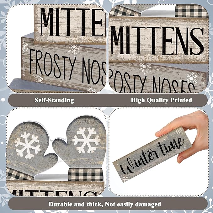 4 Pcs Christmas Table Decorations Wooden Gloves Decor Winter Tiered Tray Decor Rustic Snowflake Block Signs Gift Farmhouse Christmas Centerpiece for Winter Wonderland Party Kitchen Home