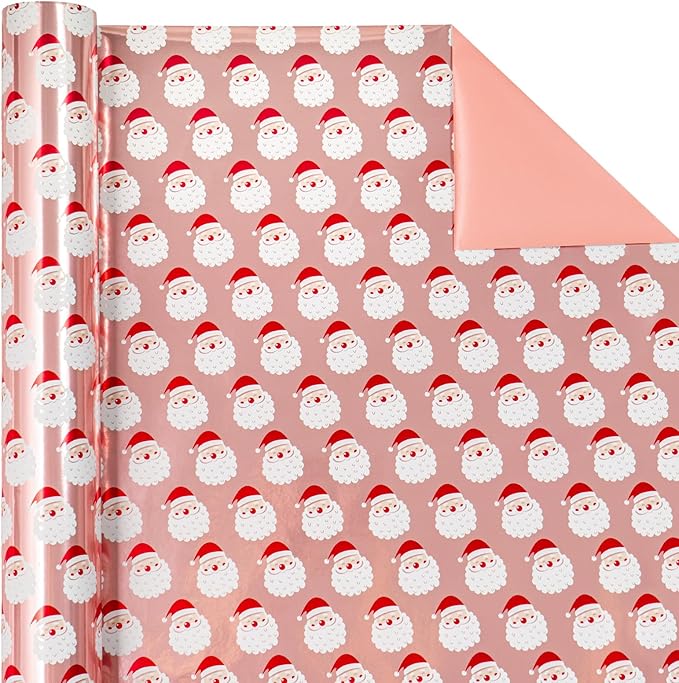 WRAPAHOLIC 30 Inch Jumbo Reversible Christmas Wrapping Paper - 30 Inch x 33 Feet - Santa Claus Wrapping Paper and Solid Rose Gold Design with Metallic Foil Shine for Chrsitmas, Holiday, Party