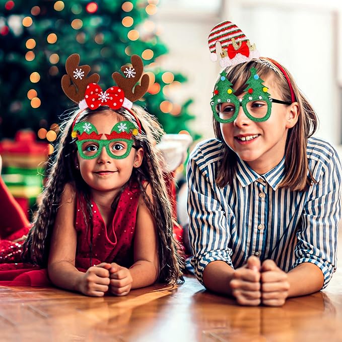 18 Pcs Christmas Glasses Glitter Headbands Hats Set, Hair Hoop Eyewear Eyeglasses Frame Santa Hat Photo Props for CHristmas Party Favors Holiday Photos Booth