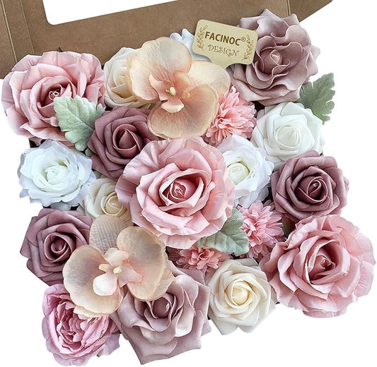 Roses Artificial Flowers Pink Bouquet Combo Box Set Fake Flower Bulk for DIY Bridal Wedding Shower Decorations Centerpieces for Table Faux Floral Arrangement for Party Home Decor Indoor