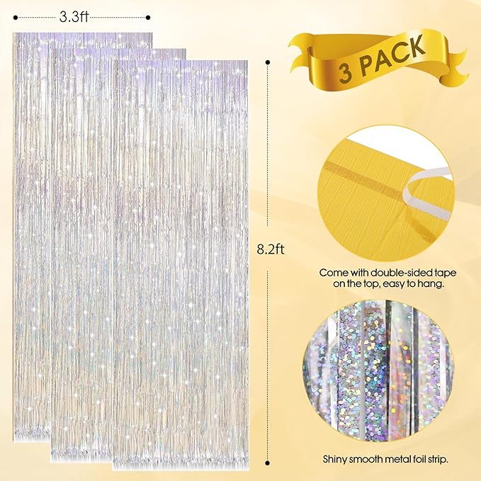 3 Pack Shiny Silver Backdrop Party Decorations Tinsel Curtain Party Backdrop Foil Fringe Birthday Decorations Photo Booth Streamer Silver Theme Bachelorette Graduation Party Decorations