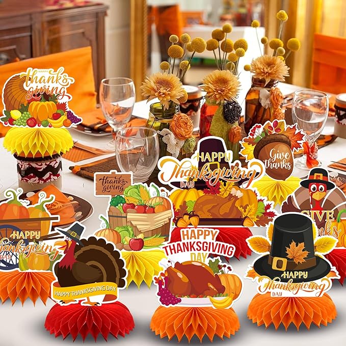 9PCS Thanksgiving Honeycomb Centerpiece Turkey Pumpkin Maple Leaves Honeycomb Thanksgiving Table Centerpiece for Thanksgiving Table Decoration Fall Autumn Theme Birthday Party Supplies
