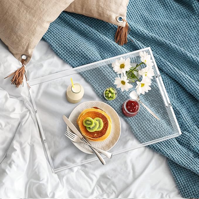 Acrylic Serving Trays with Handles, 16"x 12" Rectangle Sturdy Breakfast Tray, Clear Decorative Trays Organiser for Bedroom, Kitchen, Living Room, Bathroom, Hospital and Outdoors