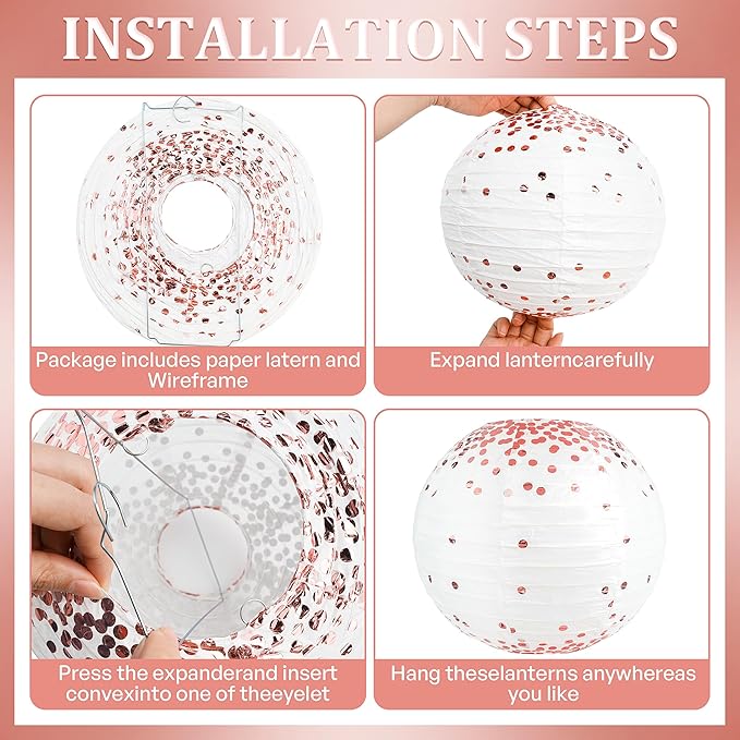12PCS Rose Gold Back to School Vintage Floral Wedding Hanging Paper Lanterns Decorations Rose Gold Birthday Decorations Bachelorette Bridal Showers Mothers Day Party Supplies