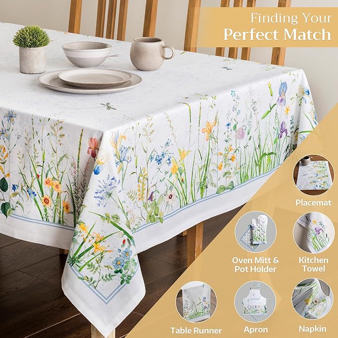 Maison d' Hermine Table Cloth Rectangle Table 100% Cotton 70 x 90 Inches Tablecloth Reusable Decorative for Dining Room, Farmhouse, Home, Party, Festive & Wedding Spring Summer - Fleurs De Mai
