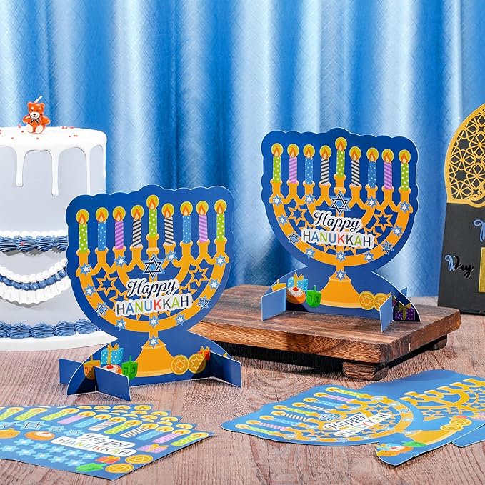 24 Pack Happy Hanukkah Menorah Crafts Kits 3D Sticker Scene Table Decorations Candles Hexagram Sticker Self Adhesive DIY Table Decor for Holiday Party Favors