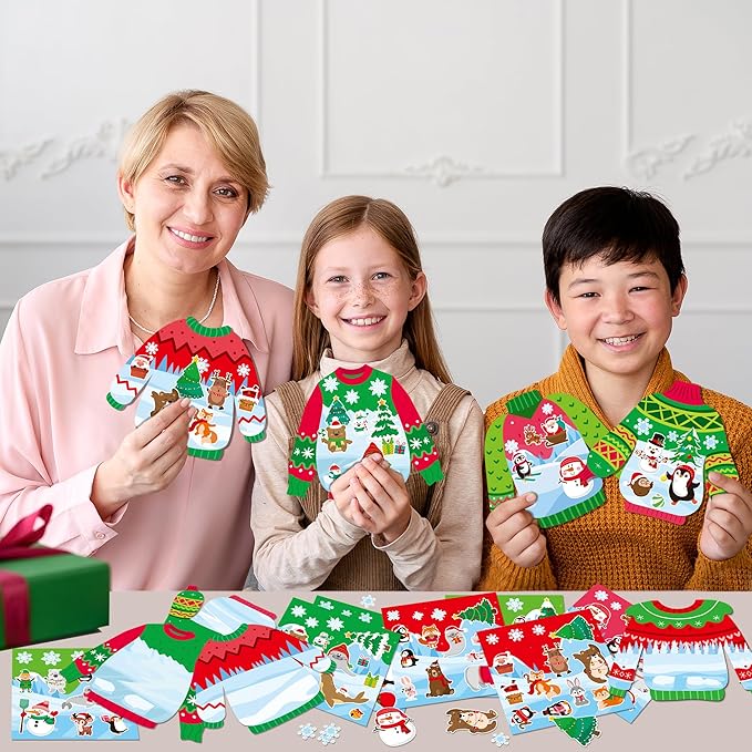CY2SIDE 12 Set Christmas Ugly Sweater Scene Sticker Art Craft for Kids, Make A Winter Sweater Scene with Penguin Sticker, DIY Xmas Party Games for School Classroom Activities
