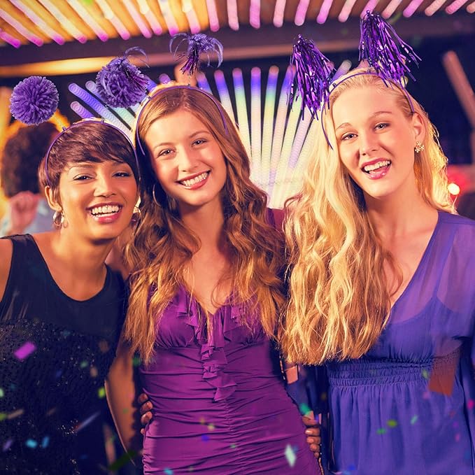 Censen 12 Pcs Christmas Pom Pom Headbands Spirit Party Headwear Tinsel Ponytails Head Bopper for Birthday Holiday