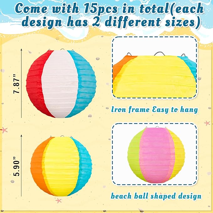 ‎Renbuzhu 15Pcs Pool Party Decorations Beach Ball Paper Lanterns - Summer Luau Themed Hanging Decor for Home Birthday Outdoor Indoor