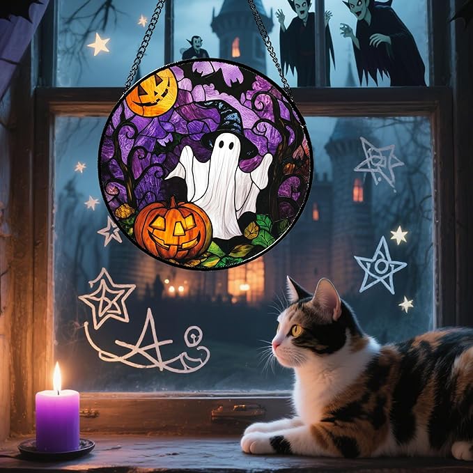 Stained Glass Window Hanging Halloween White Ghost Black Bat 11.8" - Suncatcher Door Garden Sunroom Horror Pumpkin Sun Catcher Birthday for Friend Mom Men Woman Nana