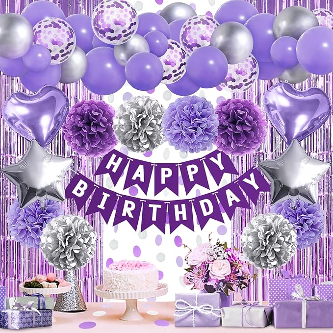 ZERODECO Purple Silver Birthday Party Decorations for Women Girls, Happy Birthday Banner Pompoms Balloon Arch Fringe Curtain Party Décor for Baby Girls Women Purple Silver Party