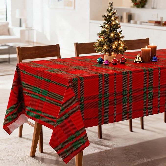 Mornajina 4 Packs 108 x 54 Inch Buffalo Checkered Plaid Merry Christmas Party Tablecloth Decorations Disposable Plastic Red and Green Xmas Rectangle Table Cloth (Buffalo Plaid)