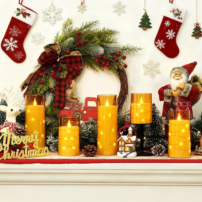 Homemory Acrylic Flameless Candles with Embedded Star String Fairy Lights, Battery Operated Candle, LED Candles, Fake Candles with Remote Control and Timer for Halloween, Amber, Set of 5(H4"5"6"8"8")