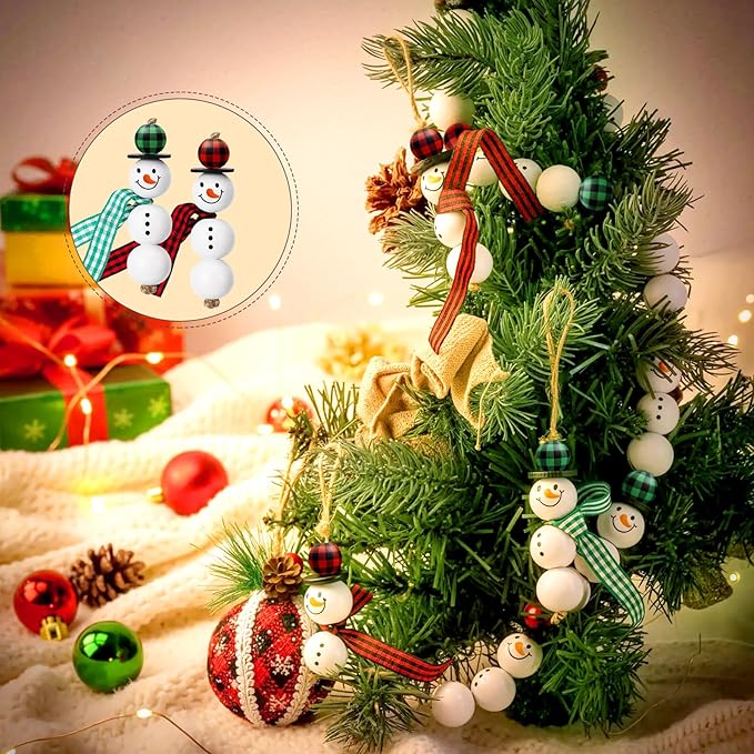 Landical 180 Piece DIY Christmas Snowman Wooden Bead Crafts Christmas DIY Ornaments Buffalo Plaid Wood Round Bead Xmas Print Wooden Beads with Twine Scarf for Crafts(Cute Color)