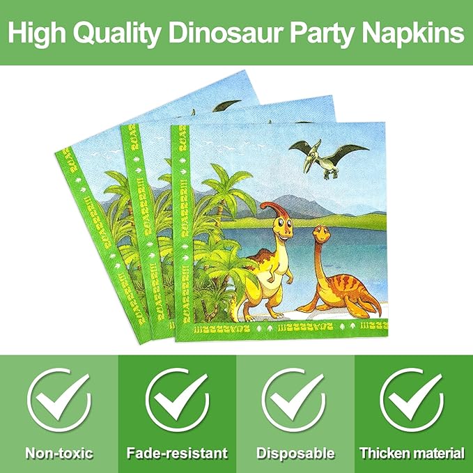 96 PCS Dinosaur Party Supplies - Birthday Tableware Set With Plates, Napkins, Forks for 24 Guests - Dino Themed Decorations