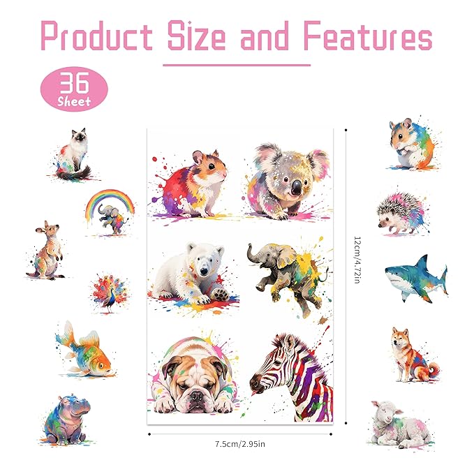 216 PCS Watercolor Animals Temporary Tattoo Set (36 Sheets) for kids - Cute Animals Sticker for Girls Boys Body Arm Shoulder, Birthday Party Supplies Gifts for Kids