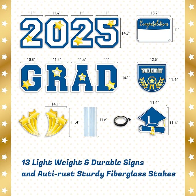 Graduation Yard Sign 2025 with Stakes, Large 2025 Graduation Lawn Signs Set (13 Pcs in Blue and White with Personalized Name DIY Board) Graduation Decorations for Grad Party Indoor or Outdoor