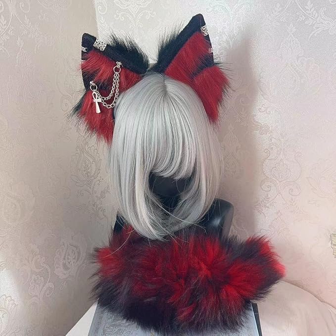 Wolf Ears Tail Set Fox Wolf Headbands Clips Fluffy Cosplay Costumes, Gothic Punk Accessories for Halloween