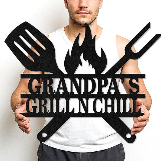 Custom BBQ Metal Sign Personalized Grill Name Wall Art for Outdoor Kitchen Patio Backyard Decor Fathers Gift for Dad Grandpa Husband Barbecue Smoker Area Sign, Grilling Lover Gifts 56