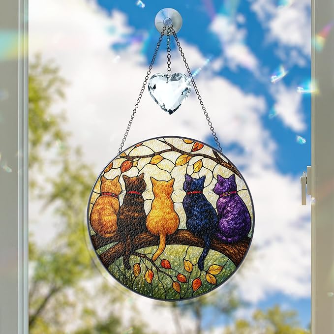 Cat Stained Glass Suncatcher Window Hanging, 5 Cats on Branch Sun Catcher Ornament, Father's Day, Mother's Day, Birthday Gifts for Women, Cat Mom, Pet Lovers, Nature Lovers, Autumn Leaves Decor