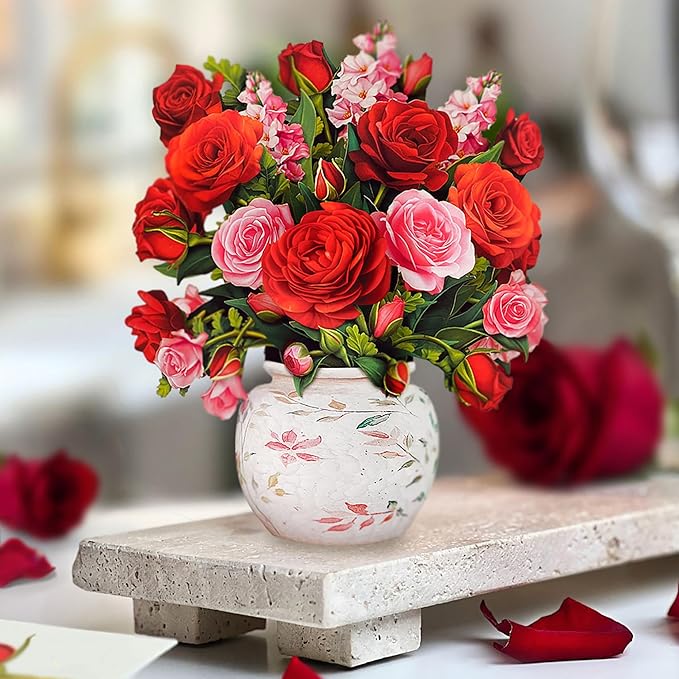 Freshcut Paper Pop Up Cards, Mini Blooming Roses, 6 Inch Mini Sized Forever Flower Bouquet 3D Popup Greeting Cards, Valentine's Day, Anniversary Card, Blank Notecard & Envelope