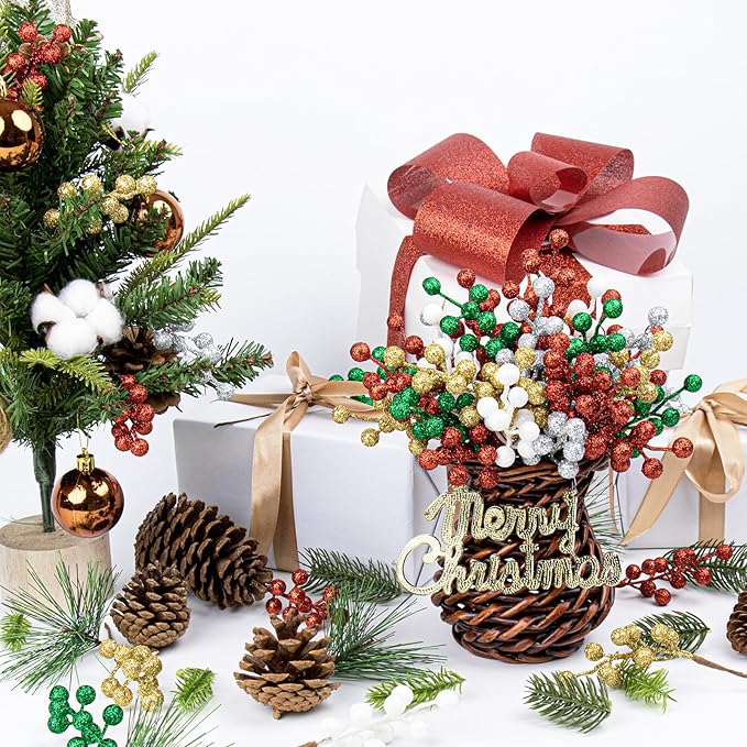 VioletEverGarden 32 Pack Glitter Christmas Picks 6.5 Inch Christmas Berry Stems Mixed Colors Artificial Berry Stems for Holiday Xmas Tree Home Decorations