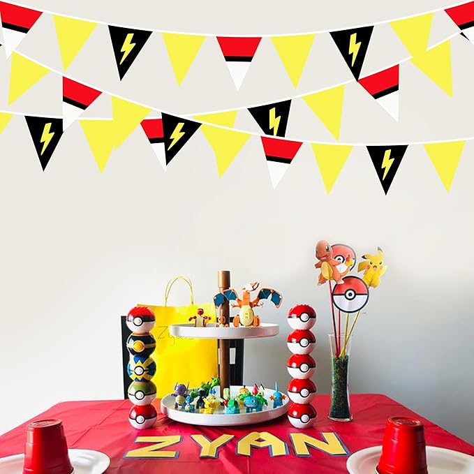 32Ft Cartoon Animation Party Decorations Red White Yellow Lightning Triangle Flag Fabric Banner Pennant Garland Streamer for Cartoon Birthday Animated Baby Shower Video Games Party Decor Supplies