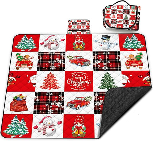 Poedist Extra Large Picnic Blanket Waterproof,80"x 80"Foldable Machine Washable Beach Blanket,Outdoor Blanket for 6-8 Adults,Suitable for Crawling,Park Beach,Camping,Hiking,Family,Merry Christmas