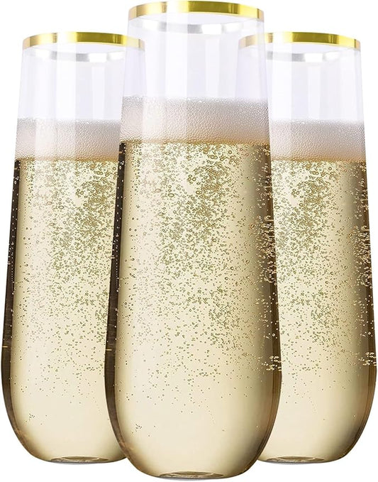 SUT 36PCS Stemless Plastic Champagne Flutes, 9 Oz Gold Rim Clear Plastic Toasting Glasses Shatterproof Cocktail Cups Mimosa Cups Stemless Glass Glasses Disposable for Wedding Parties & Shower